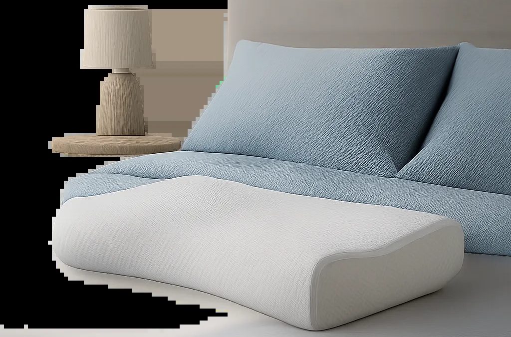 Une mise en scène premium d’un oreiller cervical dans une chambre apaisante, pensée pour illustrer le soutien de la nuque et l’alignement pendant le sommeil. L’image évoque le confort, la stabilité et la récupération nocturne.