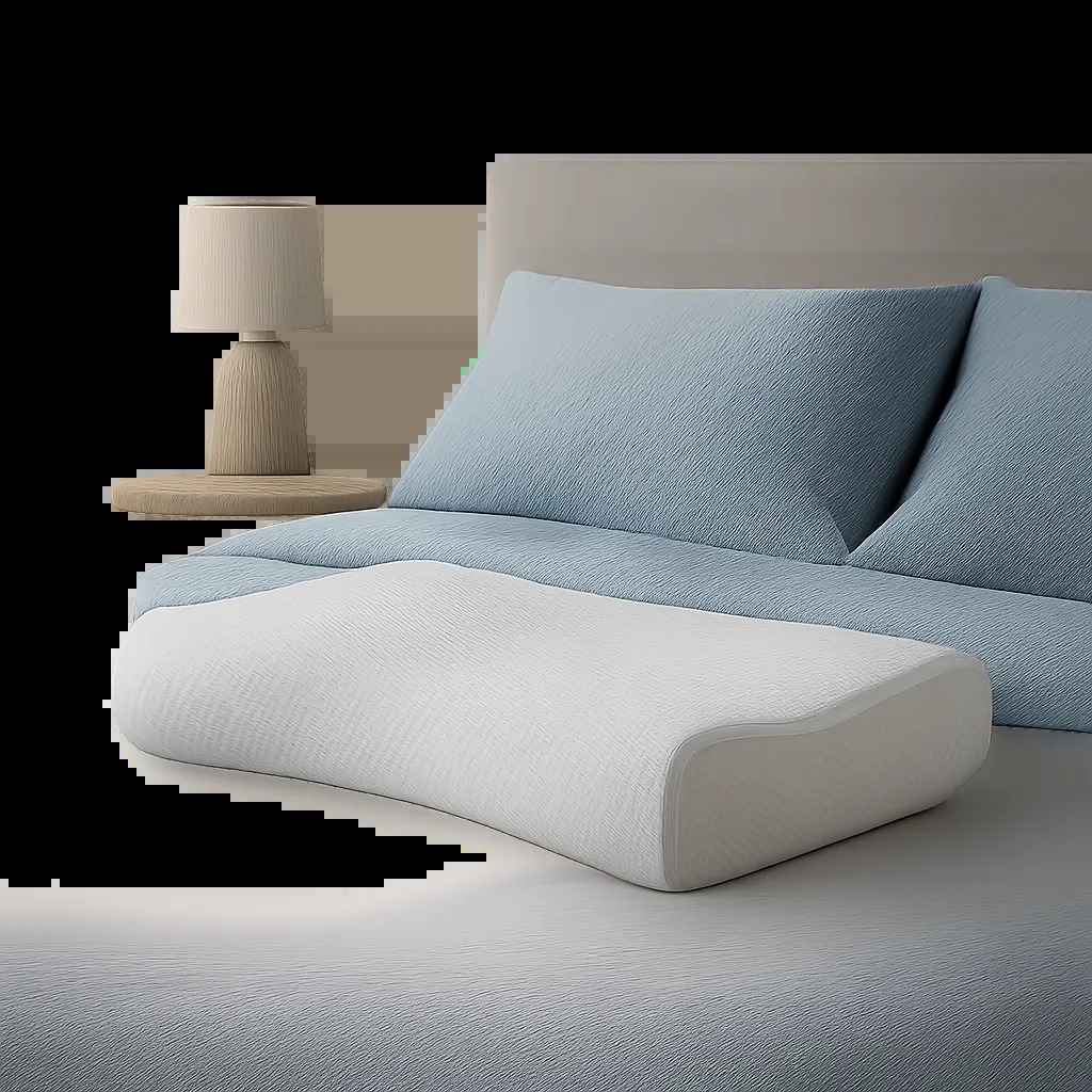 Une mise en scène premium d’un oreiller cervical dans une chambre apaisante, pensée pour illustrer le soutien de la nuque et l’alignement pendant le sommeil. L’image évoque le confort, la stabilité et la récupération nocturne.